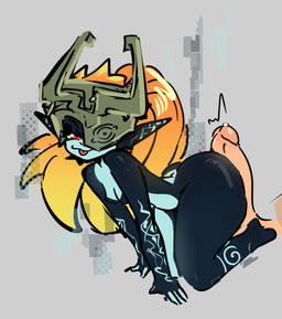 armor big_butt black_body blue_body blue_markings bodily_fluids breasts butt disembodied_penis eyelashes feet female genital_fluids genitals grey_background hair headgear helmet hot_dogging long_hair looking_at_viewer male male/female markings narrowed_eyes one_eye_obstructed orange_hair penis ponytail precum red_eyes sex side_view simple_background small_breasts thick_thighs tongue tongue_out wide_hips yellow_sclera clamlynn nintendo the_legend_of_zelda twilight_princess midna humanoid imp twili hi_res