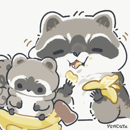 ambiguous_gender banana black_eyes black_nose chibi dot_eyes eating eyes_closed feral food fruit grey_body plant plushie simple_eyes solo white_body young young_feral yencatx mammal procyonid raccoon 1:1 2022