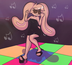 anthro black_clothing black_dress clothing dancing dress ear_piercing ear_ring female floppy_ears footwear freckled_face freckles high_heels motion_lines musical_symbol piercing ring_piercing shoes solo symbol blackmore blair_(blackmore) domestic_rabbit lagomorph leporid mammal oryctolagus rabbit absurd_res hi_res