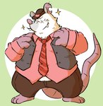 anthro bottomwear clothing eyes_closed kemono male necktie overweight overweight_male pants pink_nose shirt simple_background solo topwear okudami breeze_in_the_clouds camo_(breeze_in_the_clouds) american_opossum mammal marsupial virginia_opossum 2024