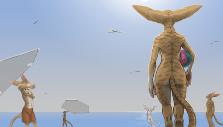 aircraft anthro ball big_ears bottomwear breasts butt casual_nudity clothed clothed/nude clothing female fur futuristic group male nude nude_anthro nude_beach nude_female outdoor_nudity outside public public_nudity rear_view shorts solo_focus stripes tail tan_body tan_fur vehicle water ipoke neia_(ipoke) si'itiae 7:4