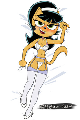 accessory anthro aroused bed black_hair blush bodily_fluids bra choker clothing dakimakura female footwear frilly frilly_bra frilly_clothing frilly_underwear furniture garter_belt garter_straps grabbing_sheets green_eyes hair hair_accessory hairband high_heels jewelry legwear lingerie looking_at_viewer lying necklace on_back on_bed on_model panties shoes smile solo sweat tan_body text thigh_highs underwear wide_hips bofirix nickelodeon t.u.f.f._puppy kitty_katswell domestic_cat felid feline felis mammal 2025 colored dakimakura_design full-length_portrait hi_res portrait url