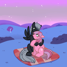 bedding black_body black_fur blanket blue_eyes blush cuddling cutie_mark detailed_background duo eyelashes feathered_wings feathers female feral field fur grass green_eyes grey_hair hair happy hooves hug male mountain multicolored_hair outside pink_body pink_fur pink_hair plant romantic romantic_ambiance romantic_couple shrub sitting sky smile star starry_sky sunset tree two_tone_hair wings babystar hasbro my_little_pony mythology fan_character equid equine mammal mythological_creature mythological_equine pegasus 1:1 absurd_res hi_res