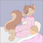 acorn anthro bed bed_covers bedding bedroom_eyes brown_body brown_fur buckteeth clothing food fruit fur furniture green_eyes heart_symbol looking_at_viewer lying male narrowed_eyes nut_(fruit) on_bed onesie pillow pink_onesie pink_pajamas plant seductive solo teeth zen_fetcher chipmunk ground_squirrel mammal rodent sciurid hi_res