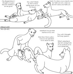 anal animal_genitalia anus ass_up balls dialogue erection feral fur genitals group half-erect hand_on_another's_balls hand_on_another's_penis hand_on_penis male male/male nude_male penis questionable_consent raised_tail sheath simple_background smile tail text tricked trio two_panel_image white_background urban_(artist) mammal murid murine mustelid musteline rat rodent true_musteline weasel 1996 black_and_white comic dated english_text line_art monochrome