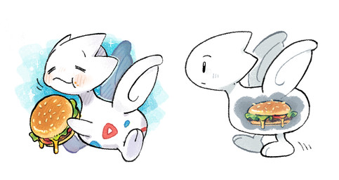 ambiguous_gender blush burger chewing crumbs dripping eating flying food side_view smile solo walking white_body wings x-ray_view kint nintendo pokemon generation_2_pokemon pokemon_(species) togetic