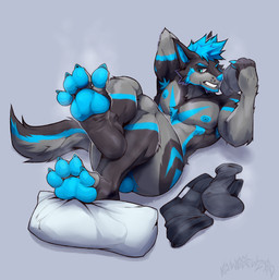 4_toes anthro armpit_hair balls black_body black_fur blue_body blue_claws blue_eyes blue_fur blue_genitals blue_hair blue_nipples blue_nose blue_pawpads body_hair butt claws clothing feet foot_fetish foot_focus footwear fur genitals grey_body grey_clothing grey_fur hair holding_clothing holding_object looking_at_viewer lying male male_anthro muscular muscular_anthro muscular_male musk nipples nude on_back pawpads paws pecs pillow plantigrade simple_background smelly smelly_feet smile sniffing sniffing_clothes sock_sniffing socks soles solo tail toe_claws toes underwear canid_kaiba canid canine canis mammal wolf absurd_res hi_res