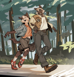 anthro athletic athletic_male biped black_body black_bottomwear black_clothing black_fur black_pants blue_clothing blue_jacket blue_topwear bottomwear brown_body brown_bottomwear brown_clothing brown_footwear brown_fur brown_jacket brown_shoes brown_shorts brown_topwear clothing duo eyes_closed floppy_ears footwear fur grey_body grey_fur jacket male muscular muscular_male pants plant red_clothing red_footwear red_shirt red_shoes red_topwear shirt shoes shorts slim_anthro slim_male topwear tree walking white_clothing white_shirt white_topwear hemuchang canid canine canis domestic_dog fox mammal platinum_fox red_fox true_fox 2025 hi_res