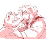 anthro blush clothing duo food kemono male necktie overweight overweight_male shirt topwear takagi_kyou monochrome_(series) pocky pocky_and_pretz_day book_whitener wight_bracken bear canid canine canis domestic_dog mammal 2022