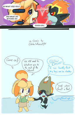 anthro bodily_fluids breath chibi dialogue dominant dominant_female duo embarrassed female female/female floating heart_symbol kissing panting romantic romantic_couple saliva saliva_string speech_bubble submissive submissive_female text tongue tongue_out globaldonut34 animal_crossing nintendo the_legend_of_zelda twilight_princess isabelle_(animal_crossing) midna canid canine humanoid imp mammal absurd_res english_text hi_res