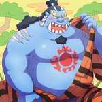 anthro belly blue_body blush clothing eyes_closed kemono male overweight overweight_anthro overweight_male solo undressing emufu one_piece jinbe fish-men_(one_piece) marine 1:1 2017