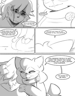 anthro beard bodily_fluids caressing cheek_tuft clothing depression dialogue duo facial_hair facial_scar facial_tuft female hand_on_head hands_on_legs head_on_shoulder hug hugging_another kneeling looking_down male sad scar sweat sweatdrop talking_to_another tears text tuft spicykiwi nintendo pokemon thomas_(spicykiwi) tulip_(spicykiwi) floragato generation_9_pokemon human mammal pokemon_(species) absurd_res comic english_text hi_res monochrome story