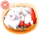 ambiguous_gender claws curled_up eyes_closed fur markings orange_background red_body red_fur red_markings simple_background sleeping solo tail text white_background white_body white_fur kinakomochi nintendo pokemon zangoose_day generation_3_pokemon pokemon_(species) zangoose english_text