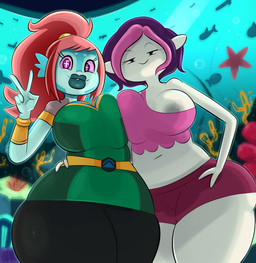 2_fingers aquarium areola areola_slip big_breasts black_eyes blue_body blue_skin breast_squish breasts breasts_frottage clothed clothing duo female fingers hair hand_on_hip humanoid_pointy_ears lips looking_at_viewer pink_hair pink_sclera pointy_ears ponytail purple_eyes purple_hair short_hair single_strap_clothing split_form squish thick_lips thick_thighs vivarium white_body white_skin wide_hips ota_(artist) bravest_warriors cartoon_hangover cleopatra_in_space dreamworks akila_theoris plum_(bravest_warriors) animal_humanoid aquatic aquatic_humanoid asterozoan echinoderm fish humanoid merfolk starfish vevosonian crossover hi_res
