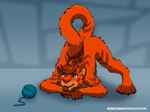 anthro ass_up ball_of_yarn blue_background dipstick_tail facial_markings fur fur_markings hair head_markings jack-o'_pose male markings nude orange_body orange_fur pose simple_background solo spread_legs spreading tail tail_markings text yarn kemira kemira_redearth_(character) canid canine canis domestic_cat felid feline felis hybrid mammal wolf 2021 artist_name hi_res url