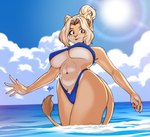 anthro big_breasts bikini blonde_hair blue_bikini blue_clothing blue_eyes blue_swimwear breasts clothing crotch_tuft eyebrows female fur hair looking_at_viewer navel navel_piercing outside piercing pube_peek pubes seaside solo sun swimwear tail tail_tuft tan_body tan_fur tuft two-piece_swimsuit under_boob water ravagaard reina_(ravagaard) felid lion mammal pantherine 2024 absurd_res hi_res