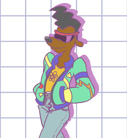 1980s_theme anthro belt biped black_hair black_nose bottomwear brown_body clothing eyewear geometric_background green_clothing green_jacket green_topwear grid_background hair hands_in_both_pockets jacket male pants pattern_background shirt simple_background smile solo sunglasses t-shirt topwear fluffpon disney goof_troop powerline_(goof_troop) canid canine canis domestic_dog mammal 2016 digital_drawing_(artwork) digital_media_(artwork) portrait three-quarter_portrait
