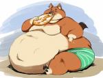 anthro belly big_belly biped bottomwear chubby_cheeks clothed clothing dessert double_chin eating food half-closed_eyes holding_food holding_object huge_belly hyper hyper_belly male moobs morbidly_obese morbidly_obese_anthro morbidly_obese_male narrowed_eyes navel obese obese_anthro obese_male overweight overweight_anthro overweight_male shorts sitting smile solo thick_thighs topless featherhead canid canine dhole mammal