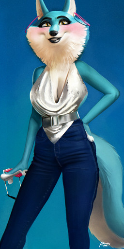 anthro big_breasts bottomwear breasts cleavage clothed clothing ear_piercing ear_ring eyewear female fur glasses holding_eyewear holding_glasses holding_object looking_at_viewer makeup pants piercing ring_piercing simple_background smile solo standing tail topwear yellow_eyes akkusky illumination_entertainment sing_(movie) porsha_crystal canid canine canis mammal wolf absurd_res digital_media_(artwork) hi_res