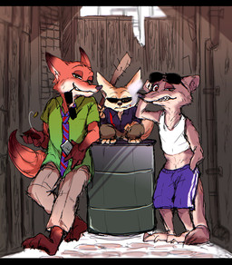 accessory anthro barefoot black_bars bottomwear claws clothed clothing electronics eyewear feet fully_clothed fur green_eyes group height_assist looking_at_viewer male necktie pants phone red_eyes shirt shorts smile smirk smoking sunglasses tank_top teeth text toe_claws topwear unknown_artist disney zootopia duke_weaselton finnick_(zootopia) nick_wilde canid canine fennec_fox fox long-tailed_weasel mammal mustelid musteline red_fox true_fox true_musteline weasel 2016 english_text letterbox source_request