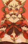 anthro barely_visible_genitalia blush breasts cleavage clothed clothing female genitals kemono panties presenting skimpy solo thick_thighs underwear wide_hips rikose ankama dofus ecaflip felid mammal