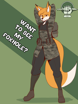 anthro backpack black_nose boots brown_eyes camo camo_clothing camo_print clothed clothing footwear fur inner_ear_fluff male open_mouth orange_body orange_fur pattern_clothing shoes smile solo standing text tuft white_body white_fur the_man foxhole:_persistant_online_warfare canid canine fox mammal 3:4 absurd_res english_text full-length_portrait hi_res portrait