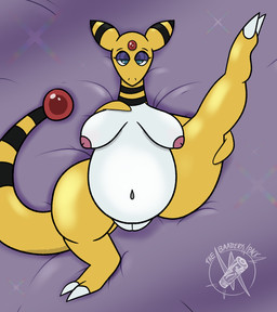 anthro bedding bedroom_eyes belly big_belly breasts claws digitigrade female forehead_gem gem genitals inverted_nipples inviting narrowed_eyes navel nipples raised_leg seductive solo sparkles stripes toe_claws vulva white_belly yellow_body brunwantsmeat nintendo pokemon ampharos generation_2_pokemon pokemon_(species) hi_res