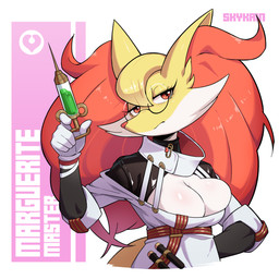 5_fingers anthro biped blonde_hair breasts cleavage clothed clothed_anthro clothed_female clothing eyewear female fingers front_view glasses hair holding_object inner_ear_fluff looking_at_viewer red_eyes solo syringe topwear tuft skykain nintendo pokemon marguerite_(skykain) delphox generation_6_pokemon pokemon_(species) 1:1 2025 digital_drawing_(artwork) digital_media_(artwork) hi_res