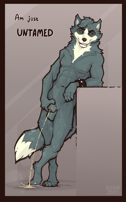 animal_genitalia anthro balls bodily_fluids border casual_urination fur genital_fluids genitals hair looking_at_viewer male nipples nude peeing penis red_border sheath simple_background smile solo tail text urine urine_stream watersports clyde_wolf mating_season_(series) dylan_(mating_season) canid canine canis mammal 5:8 digital_media_(artwork) hi_res