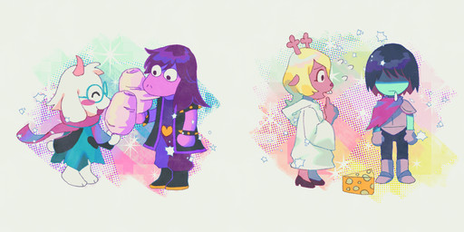 antlers armor barefoot blonde_hair blue_hair blush boots bracelet buckteeth candy cheese chibi clothing cotton_candy dairy_products dessert dress eating feet female food footwear gloves hair handwear holding_food holding_object horn jewelry male purple_hair scarf shoes spiked_bracelet spikes teeth toes urapi11037 deltarune undertale_(series) kris_dreemurr noelle_holiday ralsei susie_(deltarune) bovid caprine deer dinosaur goat human mammal new_world_deer prehistoric_species reindeer reptile scalie hi_res