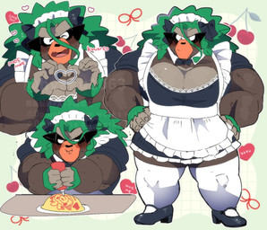 5_fingers anthro biceps black_bow black_bow_tie black_clothing black_footwear black_nose black_shoes blush bodily_fluids bottomwear bow_ribbon bow_tie brown_body brown_fur checkered checkered_background cherry clothed clothing crossdressing dark_body dark_fur eyes_closed fangs fingers food footwear fruit fur furniture gesture green_body green_fur green_hair hair heart_gesture heart_symbol ketchup ketchup_bottle leaf leaf_hair legwear looking_at_viewer looking_down maid_headdress maid_uniform male muscular muscular_anthro muscular_arm muscular_legs muscular_male nails nervous pasta pattern_background pecs pink_background plant plant_hair plate pseudo_hair shoes simple_background skirt smile smiling_at_viewer socks solo spaghetti standing stockings sweat table teeth text text_in_heart uniform white_background white_clothing white_footwear white_socks hyaku_(artist) nintendo pokemon ape generation_8_pokemon gorilla grookey haplorhine mammal pokemon_(species) primate rillaboom