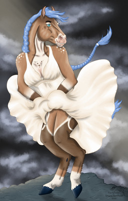 anthro blue_eyes blue_hair braided_hair braided_ponytail breasts clothed clothing clothing_lift dress female hair hooves looking_away ponytail raised_leg solo teeth wind dream_merchant tammua_(charliefoxtrot25) equid equine horse mammal 2020 digital_media_(artwork) hi_res