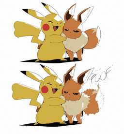 ambiguous_gender annoyed bodily_fluids brown_body brown_fur duo eyes_closed female fur happy hug open_mouth simple_background sweat tail unimpressed white_background yellow_body rivv nintendo pokemon eevee generation_1_pokemon pikachu pokemon_(species) 2026 absurd_res english_description hi_res