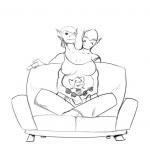 2_heads 4_breasts anthro big_breasts breasts clothed clothing conjoined cuddling duo female fully_clothed furniture multi_arm multi_breast multi_head multi_limb non-mammal_breasts simple_background sofa tv_remote mythology dwaa rhylith rhylith_and_tori dragon mythological_creature mythological_scalie scalie 1:1 black_and_white monochrome