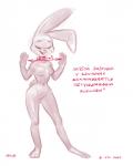 2018 4:5 anthro breasts buckteeth disney eyes_closed featureless_breasts featureless_crotch female hi_res judy_hopps koron-dash lagomorph leporid mammal monochrome navel nude open_mouth rabbit red_theme russian_text simple_background solo standing teeth text translated white_background zootopia
