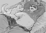 2_finger_fingering anthro bed belly big_belly bodily_fluids bottomwear bound bulge clothed clothing duo erection erection_under_clothing furniture kemono lying male moobs navel_fetish navel_fingering navel_penetration navel_play nipple_fetish nipple_play nipple_suck nipples overweight overweight_male pants penetration rope sucking sweat unusual_fingering unusual_penetration akatadobuchiki bear canid canine canis domestic_dog giant_panda mammal 2023 hi_res monochrome