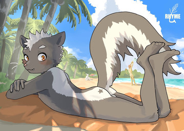 adolescent anthro balls beach black_body black_fur blush butt feet fur genitals kemono looking_at_viewer lying male multicolored_body multicolored_fur nipples nude nude_anthro nude_beach nude_male on_front outside palm_tree pink_nose plant sea solo_focus tree two_tone_body two_tone_fur water white_body white_fur young young_anthro young_male beegoma background_character felid lion mammal mephitid pantherine skunk 2023 hi_res