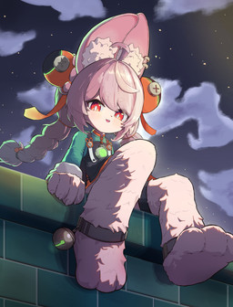 3_toes ahoge anklet anthro barefoot braided_pigtails clothed clothed_anthro clothed_female clothing cloud ear_piercing ear_ring feet female flat_chested fully_clothed fully_clothed_anthro fully_clothed_female fur hair inner_ear_fluff jewelry night outside overall_dress paws piercing pink_body pink_fur pink_hair red_eyes ring_piercing sitting sky solo star toes tuft kumanomenekoze mihoyo zenless_zone_zero zhao_(zenless_zone_zero) lagomorph leporid mammal rabbit thiren 2025 absurd_res hi_res