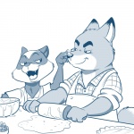 anthro apron baking black_eyes black_nose clothed clothing cooking dripping duo eyebrows eyelashes fangs food fruit fur half-closed_eyes male narrowed_eyes open_mouth plant rolling_pin romantic romantic_couple simple_background smile strawberry teasing teeth tongue white_background lonbluewolf disney zootopia gideon_grey travis_(zootopia) black-footed_ferret canid canine fox mammal mustelid musteline red_fox true_fox true_musteline weasel 1:1 2016 blue_and_white digital_media_(artwork) monochrome