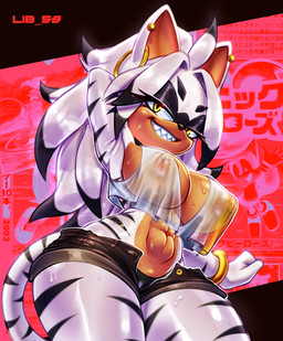 abs ahoge anthro areola big_breasts black_clothing black_nose black_thong black_underwear bodily_fluids bottomwear bracelet breasts clothing denim denim_bottomwear denim_clothing denim_shorts ear_piercing ear_ring eyebrows eyelashes female green_eyes hair half-closed_eyes hand_behind_head hoop_ear_ring jewelry long_hair looking_at_viewer midriff narrowed_eyes navel nipples piercing pose ring_piercing sharp_teeth shirt shorts smile solo striped_body stripes sweat tank_top teeth text thick_thighs thong topwear translucent translucent_clothing underwear white_hair lib_59 sega sonic_the_hedgehog_(comics) sonic_the_hedgehog_(series) jian_the_tiger felid mammal pantherine tiger 2026 artist_name hi_res