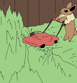 ambiguous_gender black_eyes black_inner_ear brown_body brown_fence brown_fur fence feral fur grass holding_object lawn lawn_mower lawn_mowing neck_tuft plant pushing_object smile solo tail tall_grass tuft richard_roe nintendo pokemon eevee generation_1_pokemon pokemon_(species) 2026 colored digital_media_(artwork) low_res pixel_(artwork)