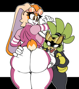 anthro big_breasts big_butt big_ears black_body black_border black_bottomwear black_clothing black_fur black_nose black_pants black_topwear blue_eyes border bottomwear breasts brown_nose butt butt_grab clothed clothing dipstick_ears duo ear_markings ear_piercing eyewear eyewear_on_head facial_markings female female/female floppy_ears fur gloves green_body green_fur hand_on_butt handwear head_markings head_tuft huge_butt long_ears looking_at_butt looking_back lop_ears markings multicolored_ears orange_body orange_fur pants piercing pink_nose purple_clothing purple_topwear rear_view ring sharp_teeth simple_background smile sunglasses sunglasses_on_head tan_body tan_fur teeth tongue tongue_out topwear tuft wearing_sunglasses white_background white_body white_bottomwear white_clothing white_fur white_gloves white_handwear yellow_clothing yellow_topwear blindstash idw_publishing sega sonic_riders sonic_the_hedgehog_(comics) sonic_the_hedgehog_(idw) sonic_the_hedgehog_(series) surge_the_tenrec vanilla_the_rabbit afrosoricid lagomorph leporid mammal rabbit tenrec absurd_res hi_res