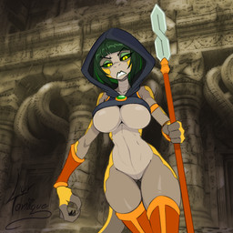 anthro armor big_breasts biped black_hair black_hood black_sclera breasts claws clothed clothing eyebrows featureless_crotch female front_view hair holding_melee_weapon holding_object holding_polearm holding_spear holding_weapon hood legwear looking_at_viewer melee_weapon non-mammal_breasts partially_clothed polearm pupils short_hair skimpy slit_pupils small_waist sneer solo spear standing thick_thighs thigh_highs under_boob vambrace weapon wide_hips yellow_eyes jrvanesbroek cool_s reptile scalie snake 1:1 2025 hi_res