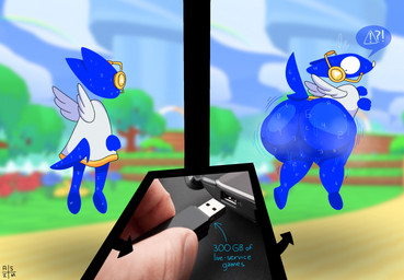 anthro big_butt bodily_fluids butt butt_expansion butt_jiggle clothing electronics expansion flash_drive growth headphones jiggling male musk robe solo surprised sweat sweaty_butt tail wings wobble asizeimock friendos astron_(friendos) canid canine canis digital_creature domestic_dog mammal hi_res