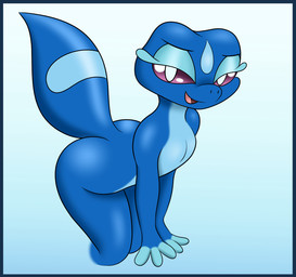 anthro bedroom_eyes blue_body blue_border border female flat_chested looking_at_viewer narrowed_eyes purple_eyes raised_tail seductive shortstack solo tail thick_tail thick_thighs wide_hips diamondstorm nintendo pokemon pokemon_winds_and_waves gecqua generation_10_pokemon pokemon_(species) reptile scalie 2026 english_description hi_res
