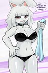 anthro bandeau_bikini bikini black_bikini black_bikini_bottom black_bikini_top black_clothing black_swimwear clothing collar dialogue female fur grabbing_towel hand_on_hip heart_symbol pink_pupils pupils solo swimwear towel two-piece_swimsuit wet wet_body white_body white_fur fumicake bnuyu_(lornalla) lagomorph leporid mammal rabbit hi_res