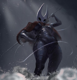 2_horns 5_fingers areola biped black_body black_eyes breasts clothing female fingers genitals hand_on_hip holding_melee_weapon holding_object holding_weapon horn looking_at_viewer looking_back low-angle_view melee_weapon nipples pose solo standing thread vulva weapon paranoid_koda hollow_knight_(franchise) team_cherry hornet_(hollow_knight) arthropod humanoid 2025 hi_res painting_(artwork)