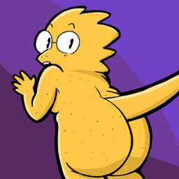 anthro big_butt blush breasts butt eyewear female freckled_butt freckled_shoulders freckles glasses huge_butt looking_at_viewer looking_back looking_back_at_viewer nerd nude open_mouth simple_background slightly_chubby slightly_chubby_female solo tail teeth thick_thighs toony wide_hips yellow_body itsreapermin newgrounds twitter undertale undertale_(series) alphys dinosaur humanoid lizard monster prehistoric_species reptile scalie 1:1 digital_media_(artwork) hi_res