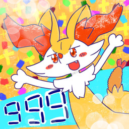 ambiguous_anthro ambiguous_gender anthro blush blush_stickers confetti cute_fangs fangs food front_view number object_in_tail open_mouth open_smile raised_arms shrimp_(food) smile solo sparkles tail teeth annyui0611 nintendo pokemon braixen canid generation_6_pokemon mammal pokemon_(species) 1:1 2024 digital_drawing_(artwork) digital_media_(artwork) half-length_portrait hi_res japanese_description milestone_celebration portrait translated_description