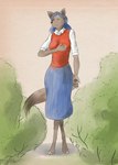 anthro barbarodda black_nose blue_hair breasts canid canine canis clothed clothing dress female fur grey_body grey_fur hair hi_res kell_dewclaw kevin_and_kell mammal outside pawpads solo topwear vest wolf
